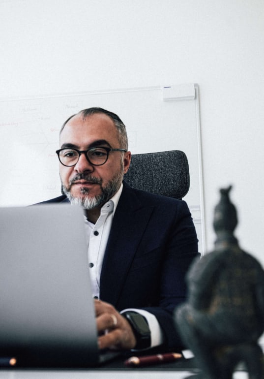 Alireza Soltany Noory am Laptop bei der Analyse von Unternehmenskennzahlen